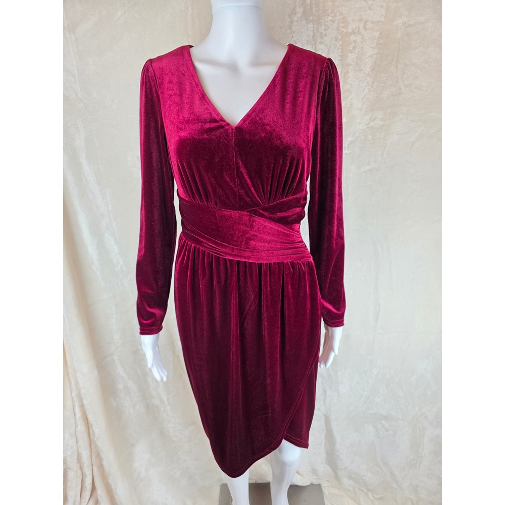 Velvet V Neck Midi Dress Burgundy Long‎ Sleeve Elegant Evening